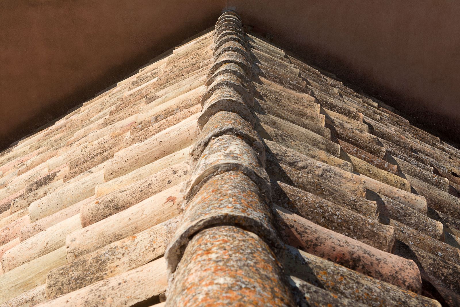 Looking up a weathered clay tile roof to a ridge of lichen-covered half-round ridge tiles