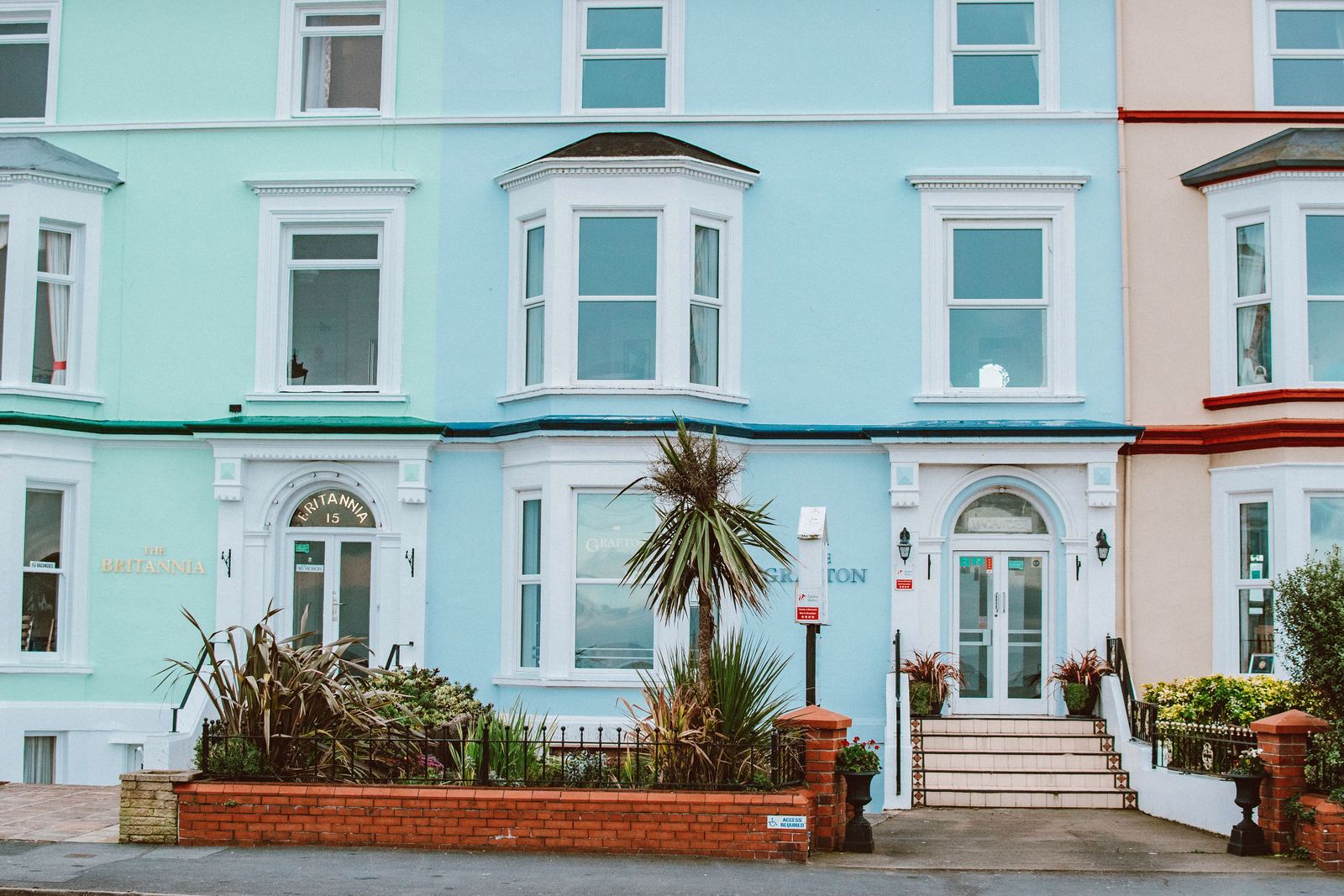 Row of pastel-painted terraced townhouses with bay windows, a palm tree and a low brick front wall