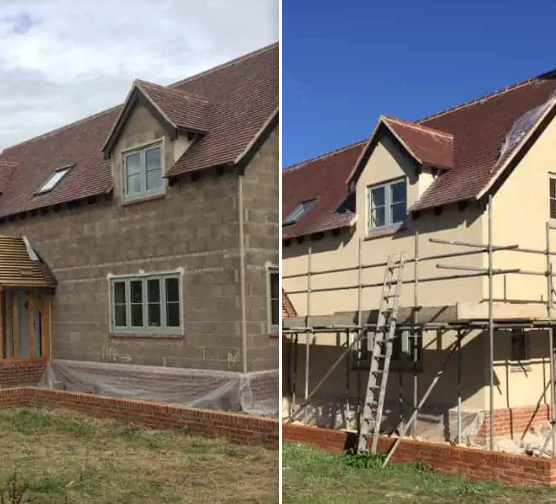 Before and after of the same wall: bare grey blockwork on the left, the finished cream render on the right